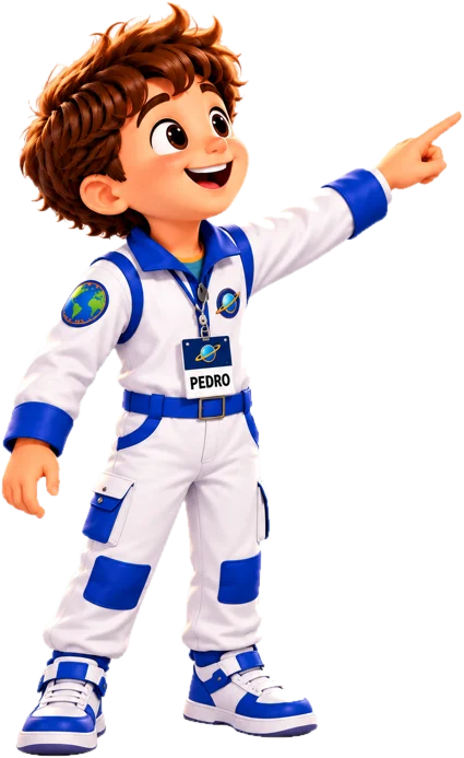 Pedro, o menino astronauta, apontando para o céu